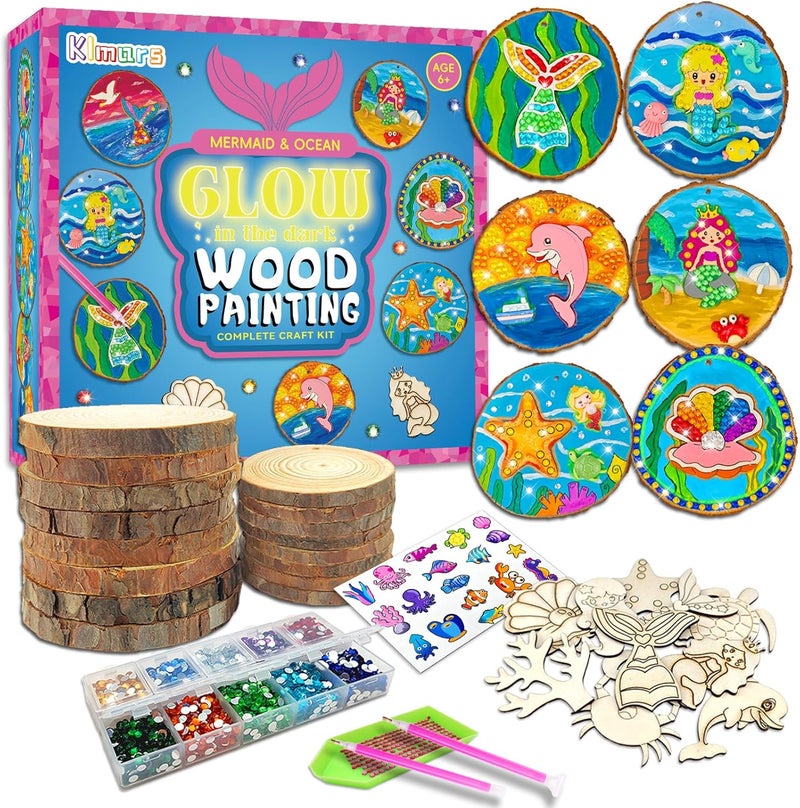 Klmars Mermaid Themed Wooden Painting Kit-Glow in The Dark-Arts & Crafts Gifts for Kids Girls Ages 6-12-Wood Slice Craft Activities Kits -Mermaid Art Toys for Kids Christmas Gifts - Image 1